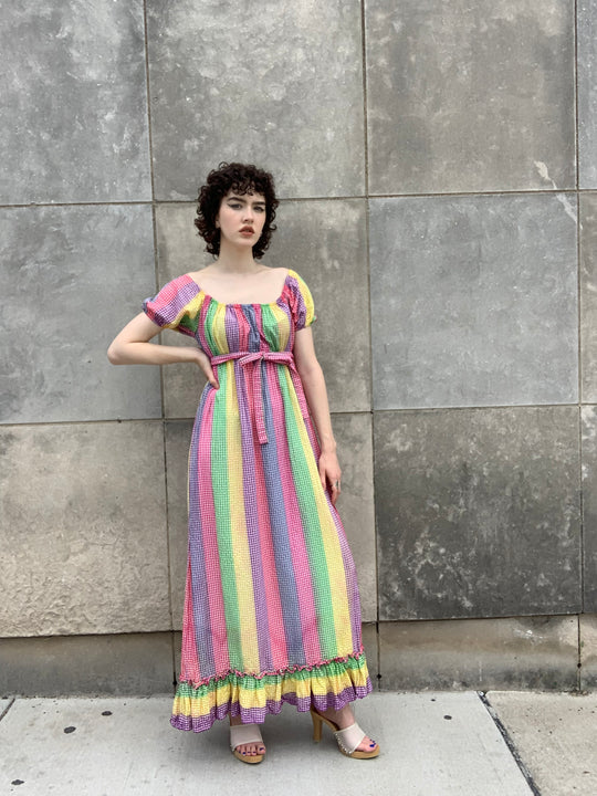 70s Vintage Rainbow Gingham Cotton Peasant-style Maxi Dress, Beverly Paige