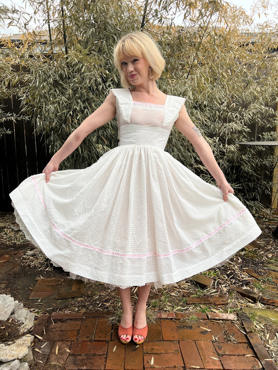 50s White Grid Pattern Nylon Party Dress