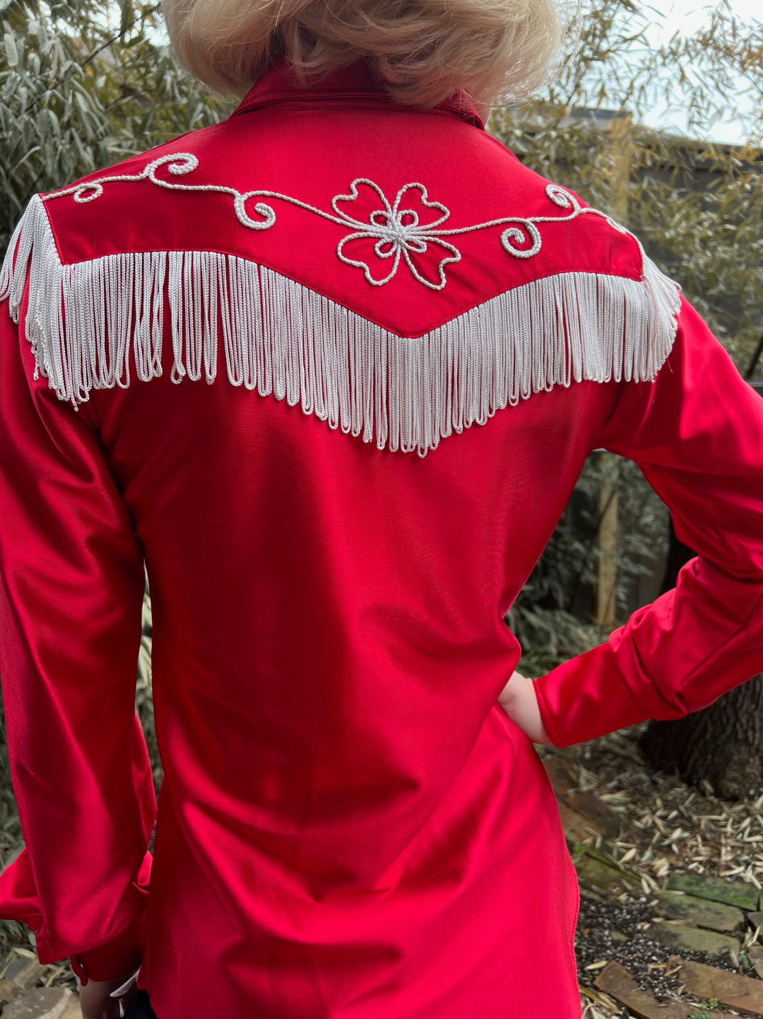 80s Red Nylon Western Shirt, Fringe and Embroidery, H Bar C