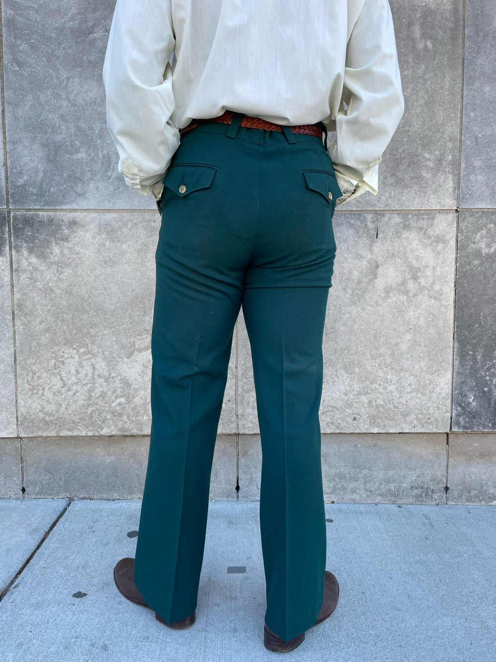 Mens 70s Vintage Green Bell Bottom Polyester Pants, Levis Panatela Signature Collection