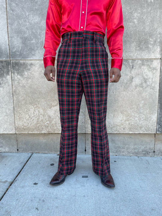 Mens 70s Vintage Wool Plaid Bell Bottom Pants, McGregor