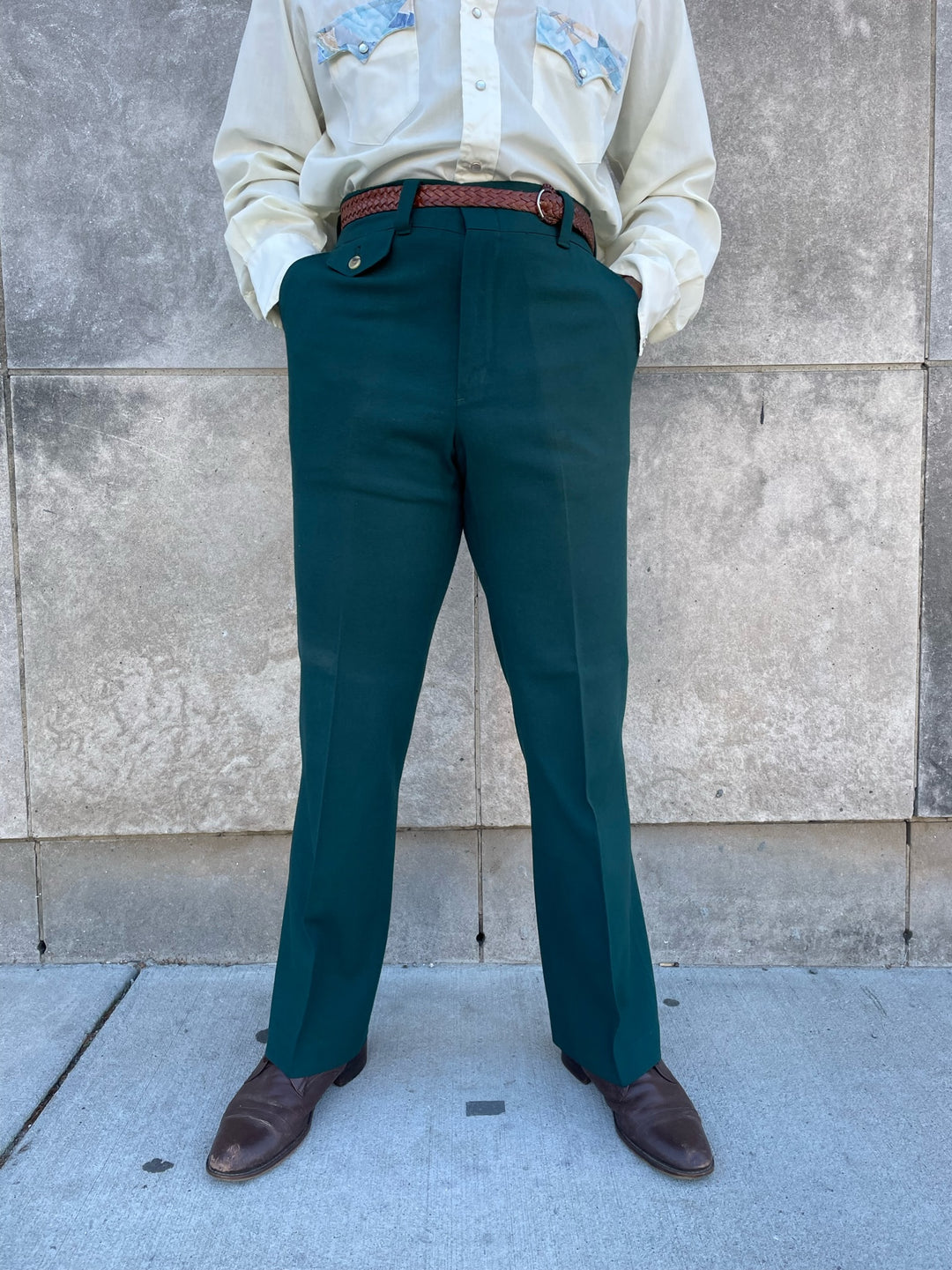 Mens 70s Vintage Green Bell Bottom Polyester Pants, Levis Panatela Signature Collection