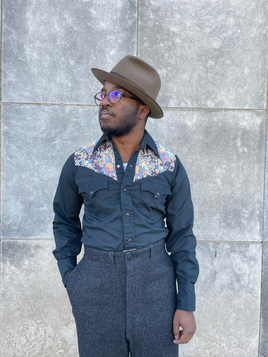 Mens 70s Vintage Black Western Shirt with Quilted Floral Yoke, Chute #1