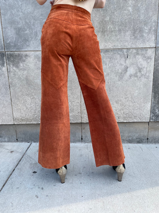 70s Rust Suede Bell Bottom Pants, Allie Flynn
