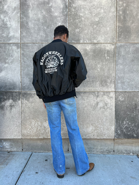 70s Black Satin Baseball style Jacket, Wagon Wheelers