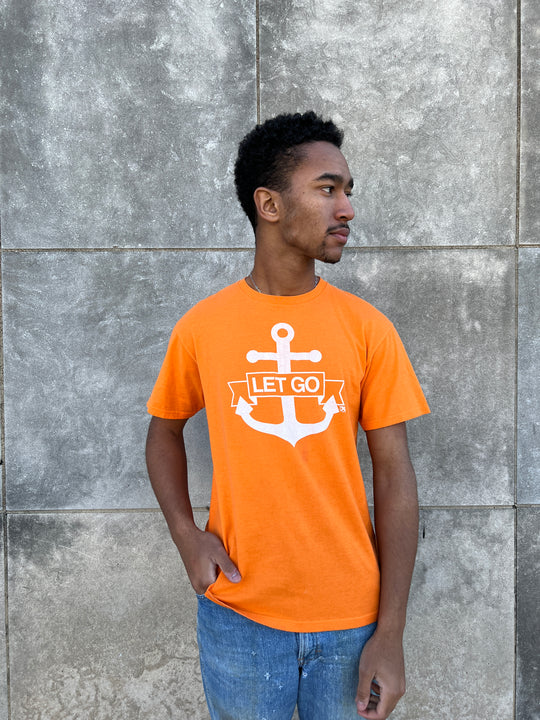 90s Vintage Orange T-shirt, 'Let Go' Anchor Graphic