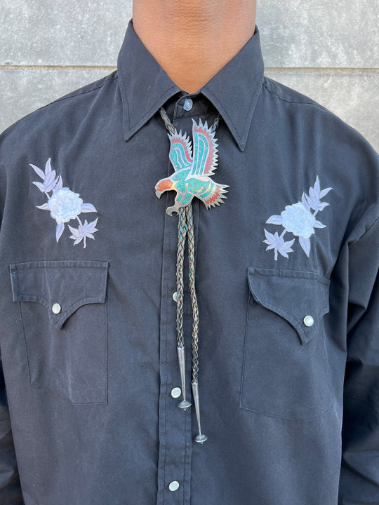 80s Brown Leather Bolo Tie, Eagle Slide, Crushed Turquoise & Coral Inlay