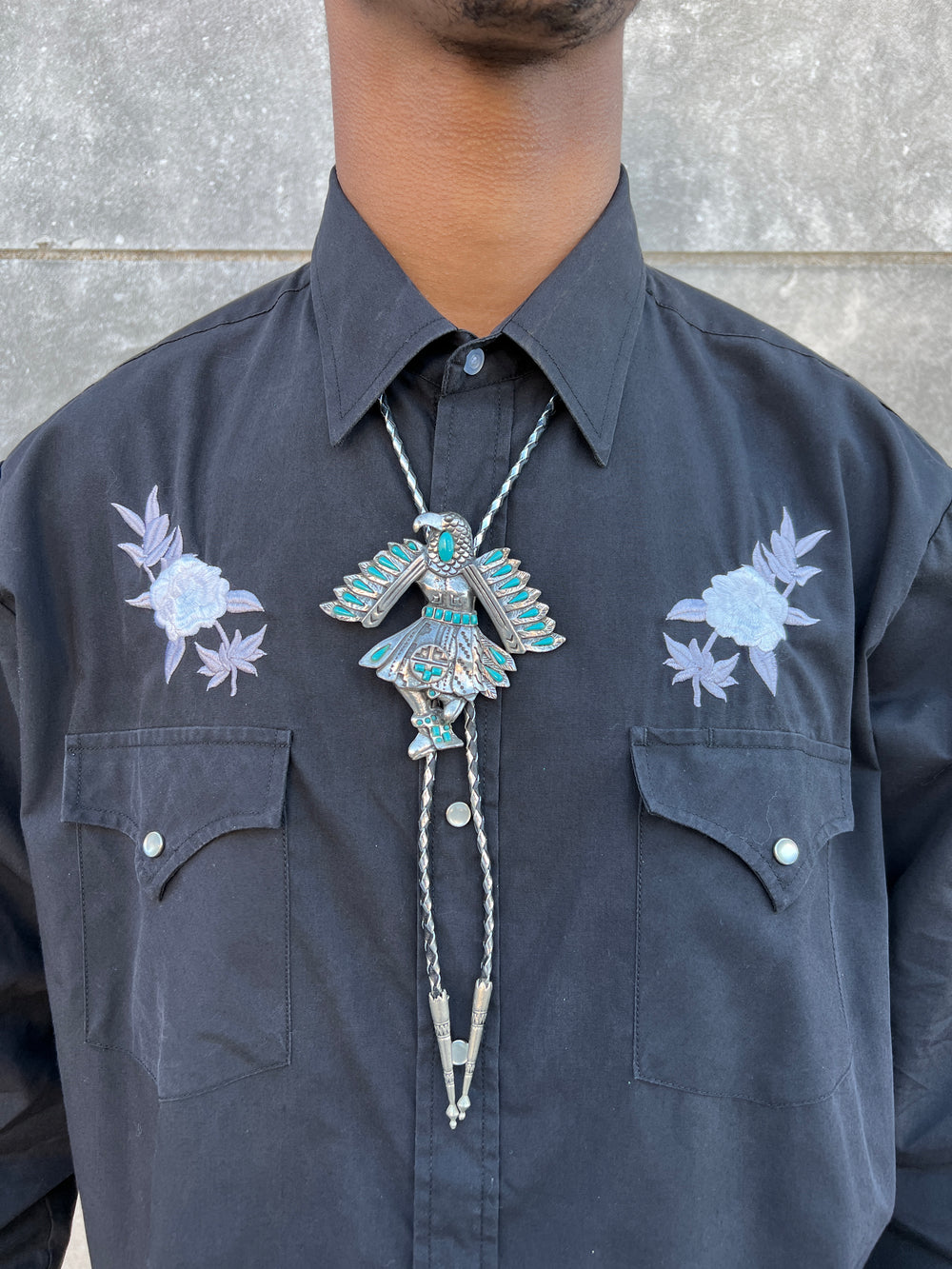 80s Black Silver Bolo Tie, Warrior with Faux Turquoise stones