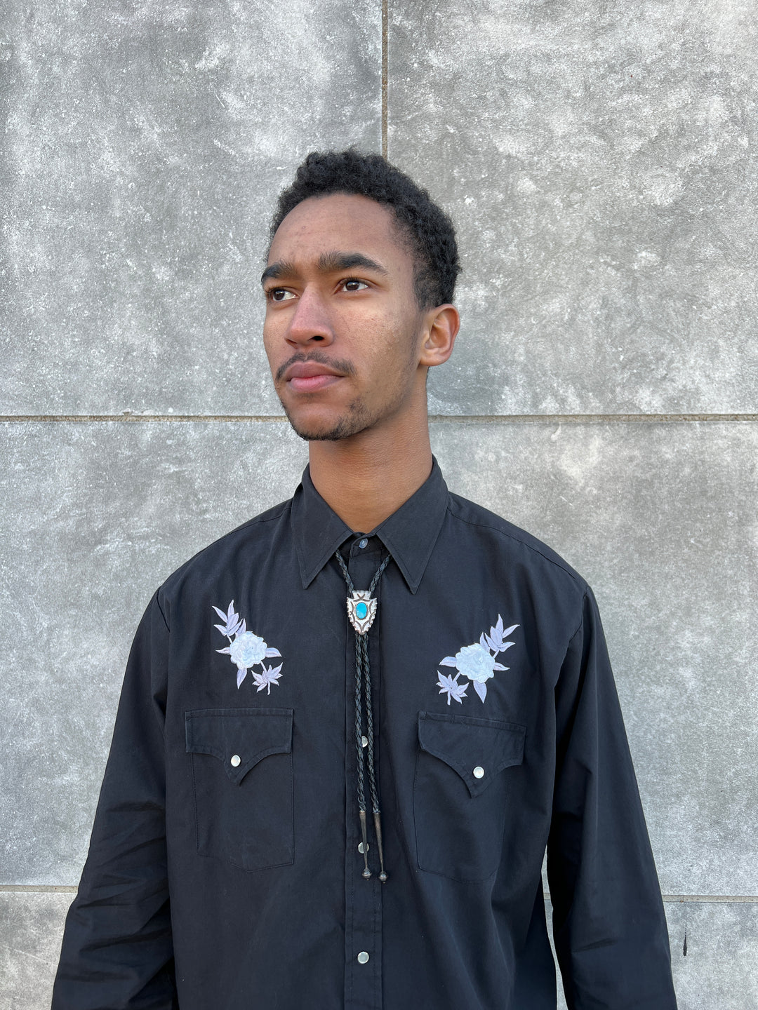 80s Black Leather Bolo Tie, Silver Turquoise Arrowhead Slide