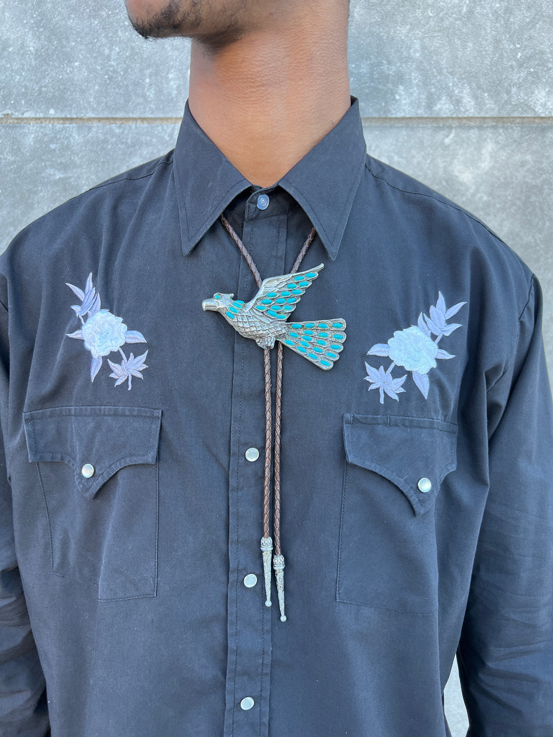 80s Brown Leather Bolo Tie, Eagle, Faux Turquoise Slide