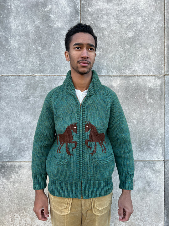 Vintage 40s Green Wool Cowichan Sweater with Horses and Shawl Collar