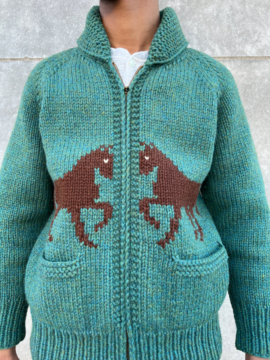 Vintage 40s Green Wool Cowichan Sweater with Horses and Shawl Collar
