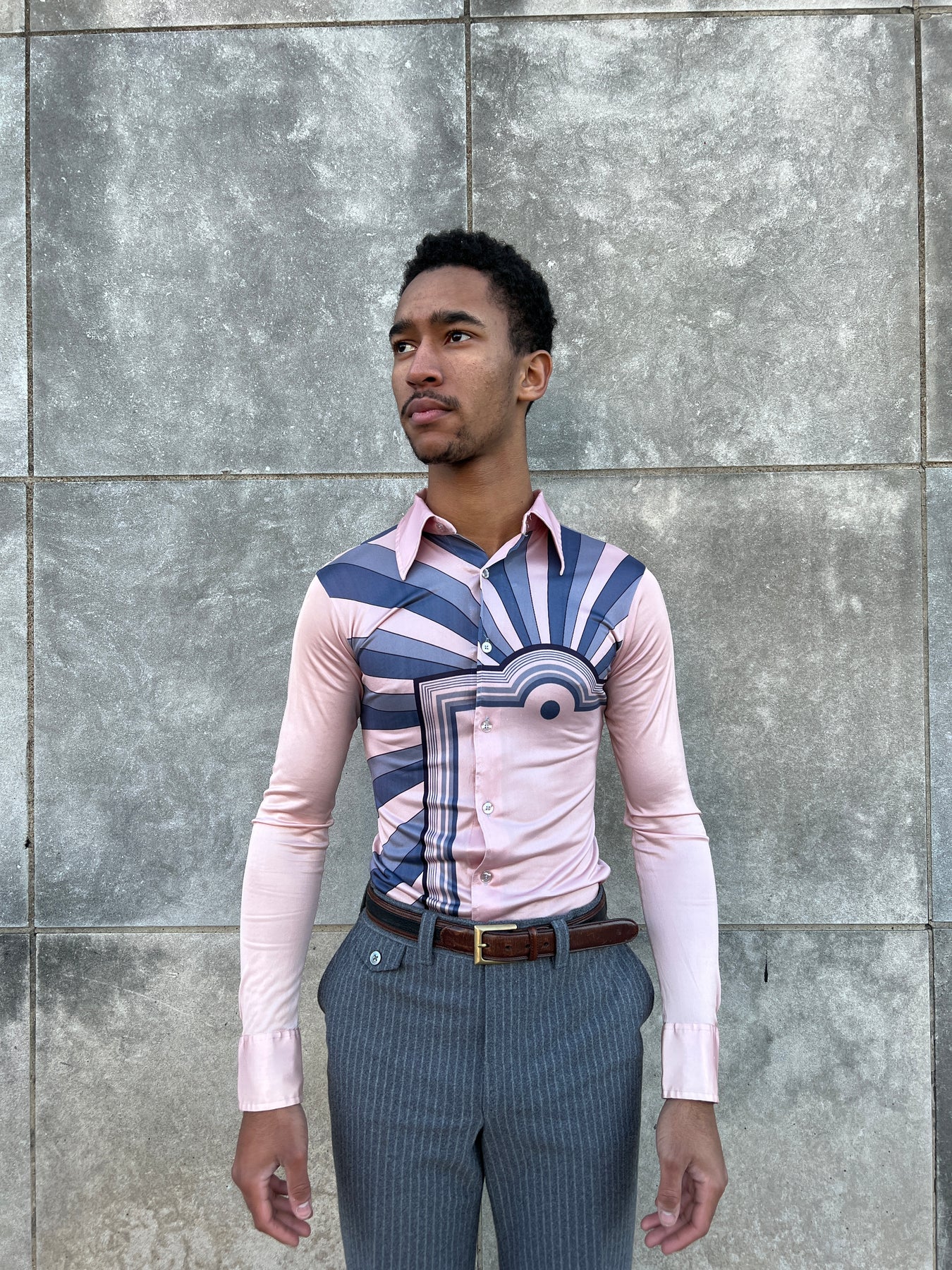 Pink Dress Shirt Blue Tie Mens 70s Vintage Pink Blue Nylon Disco Shirt, Bon Homme Pink Dress Shirt Blue Tie Mens 70s Vintage Pink Blue Nylon Disco Shirt, Bon Homme