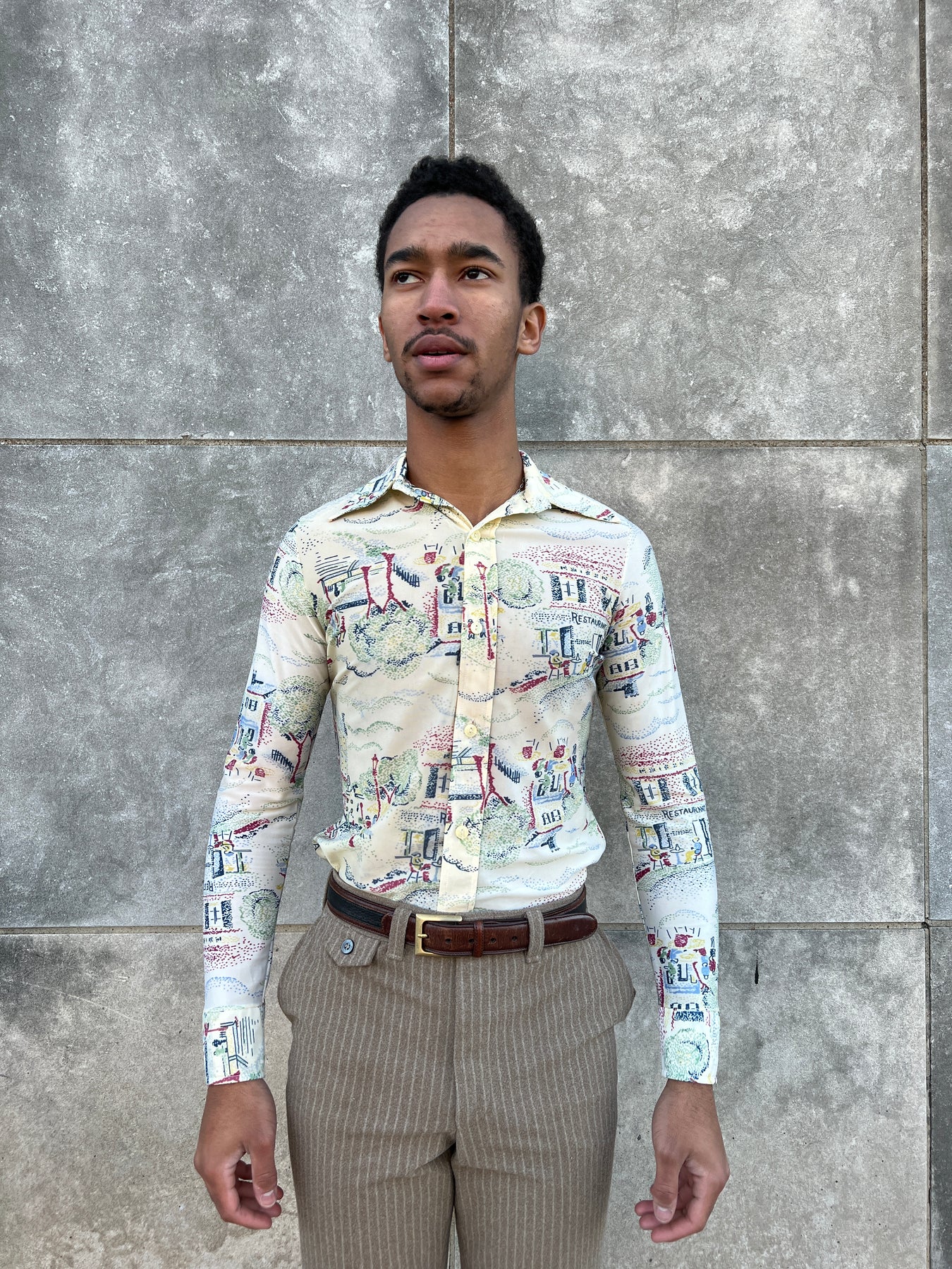 Mens Vintage 70s Nylon Disco Shirt with Cafe Scene, Twin Tee Mens Vintage 70s Nylon Disco Shirt with Cafe Scene, Twin Tee