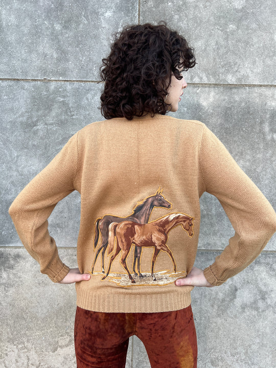 60s Brown Acrylic Sweater, Horse Appliqué, Garland