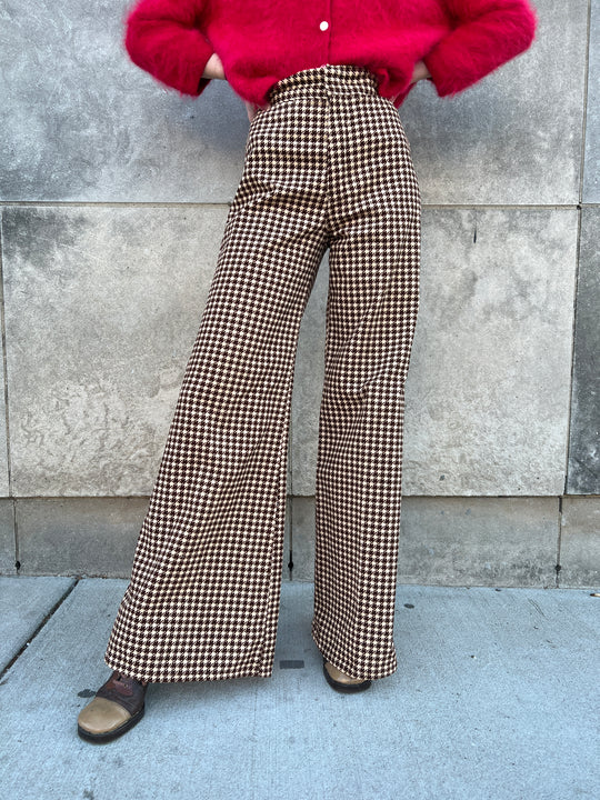 70s Brown Ivory Houndstooth Corduroy Wide Leg Pants
