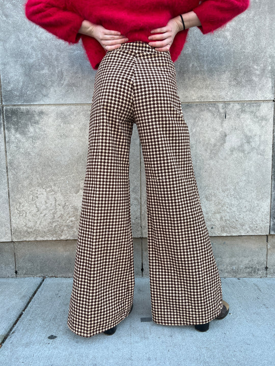 70s Brown Ivory Houndstooth Corduroy Wide Leg Pants