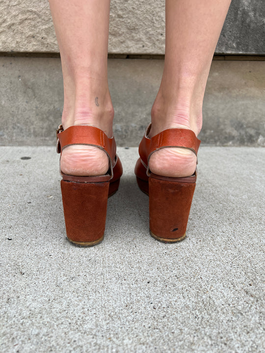 70s Brown Leather Platform Sandals, El Greco