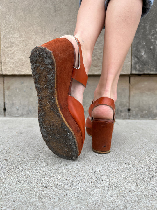70s Brown Leather Platform Sandals, El Greco