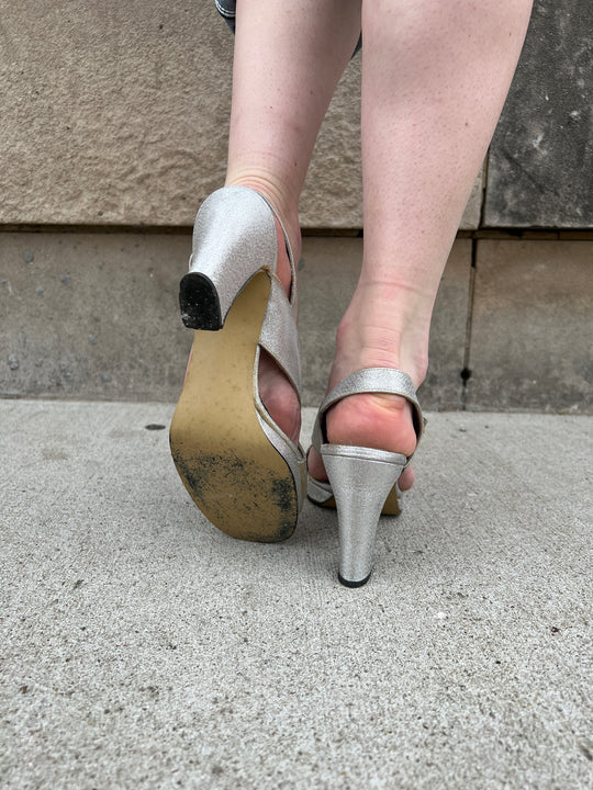 Ladies 70s Silver Platform Sandals, Gaymodes