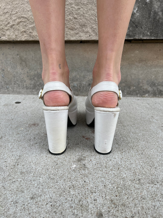 70s White Leather Slingback Platform Shoes, Gino Bellini