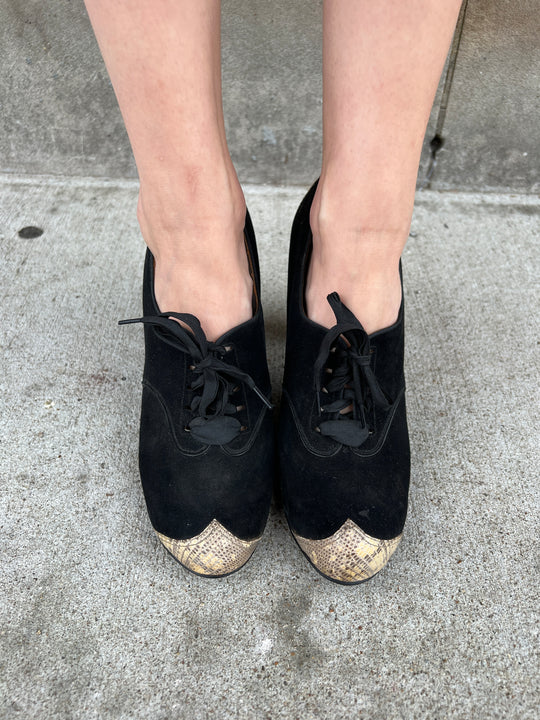 30s/40s Black Suede Reptile Shoes, Connie