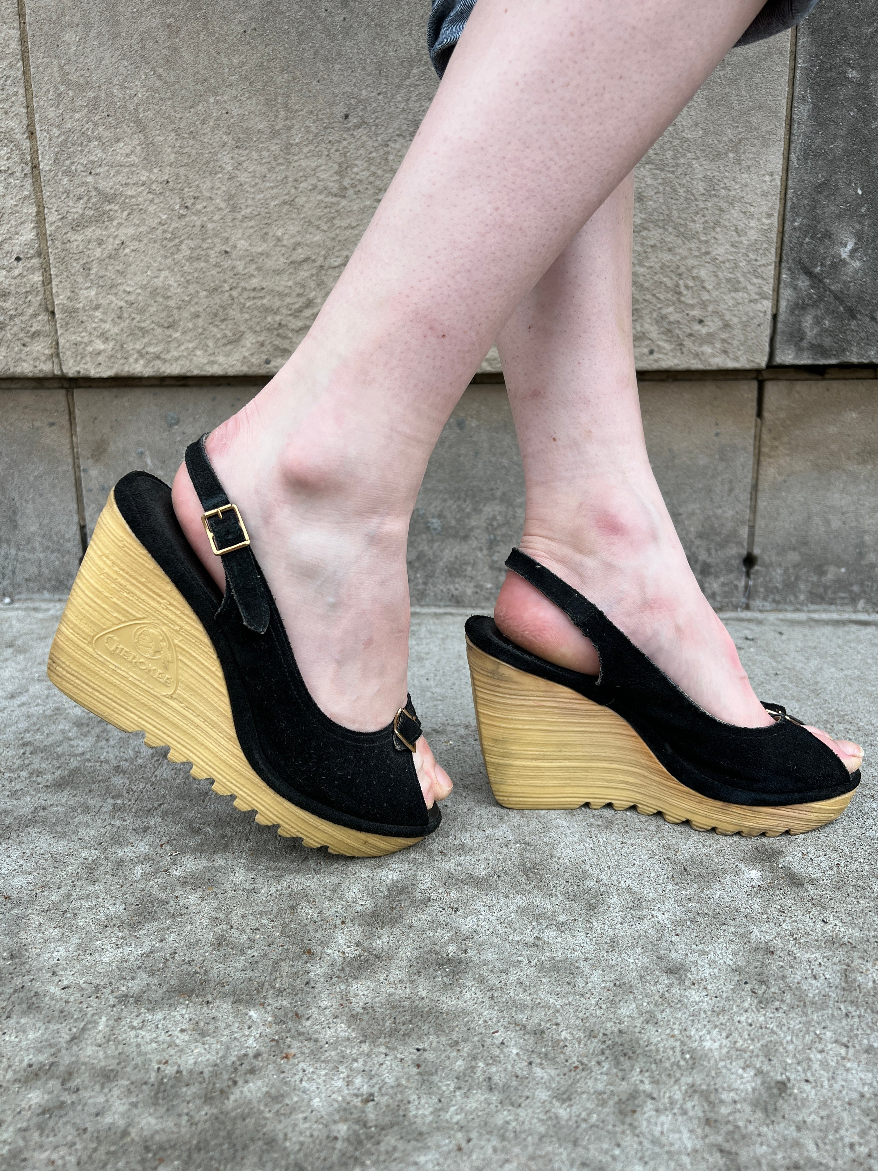 70s Black Suede Open Toe Wedge Heel Shoes Cherokee