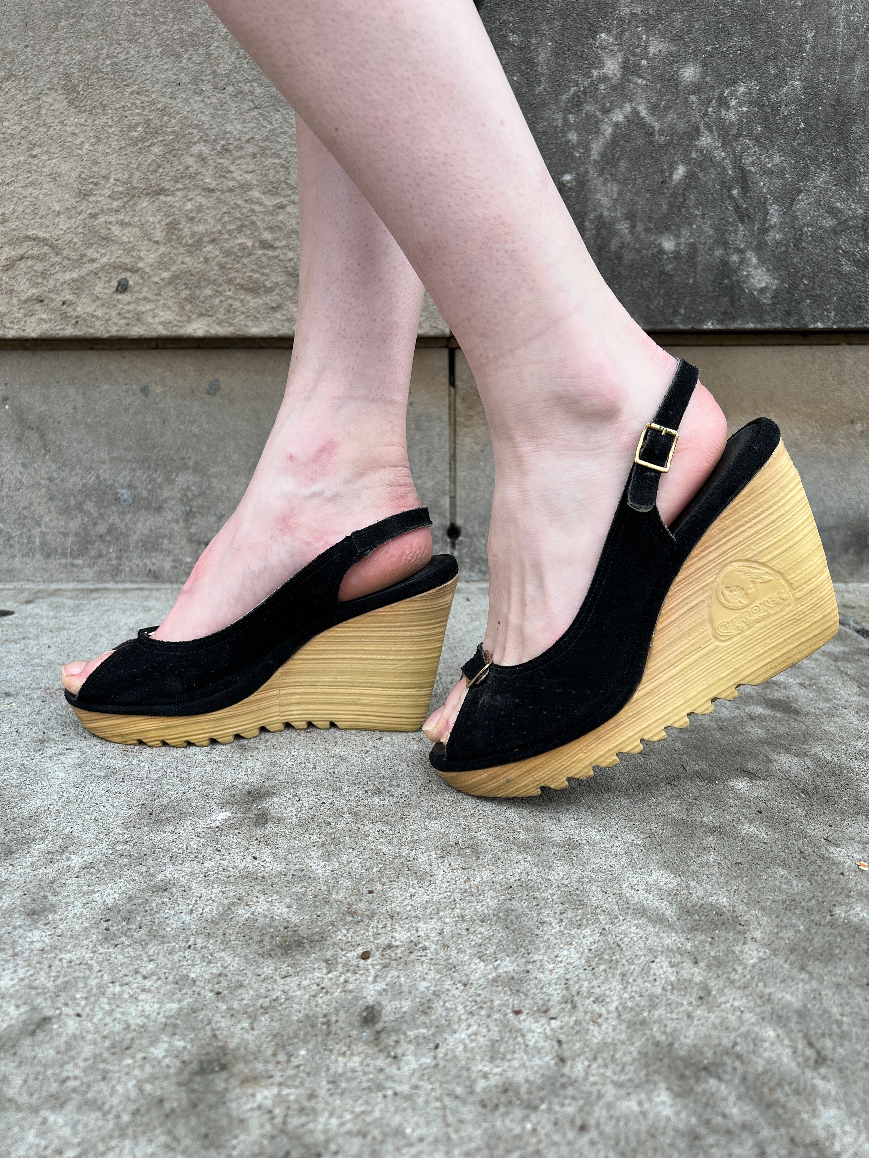 70s Black Suede Open Toe Wedge Heel Shoes Cherokee The Hip