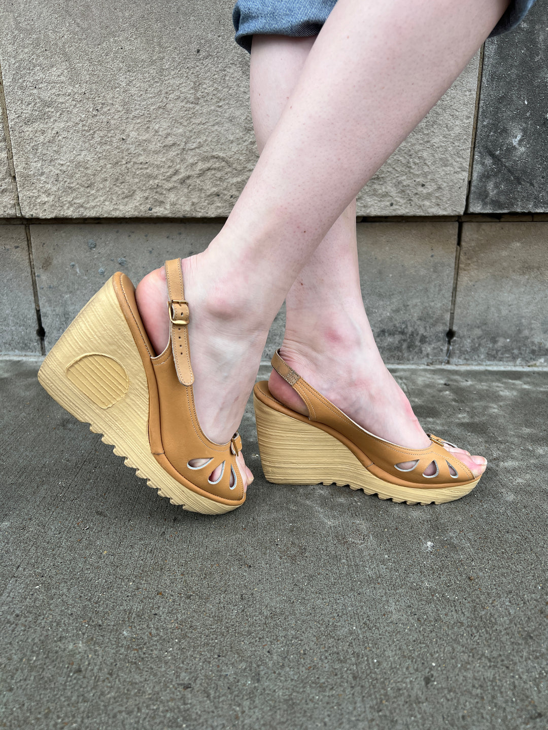 70s Tan Open - Toe Wedge Heel Sandals Cherokee