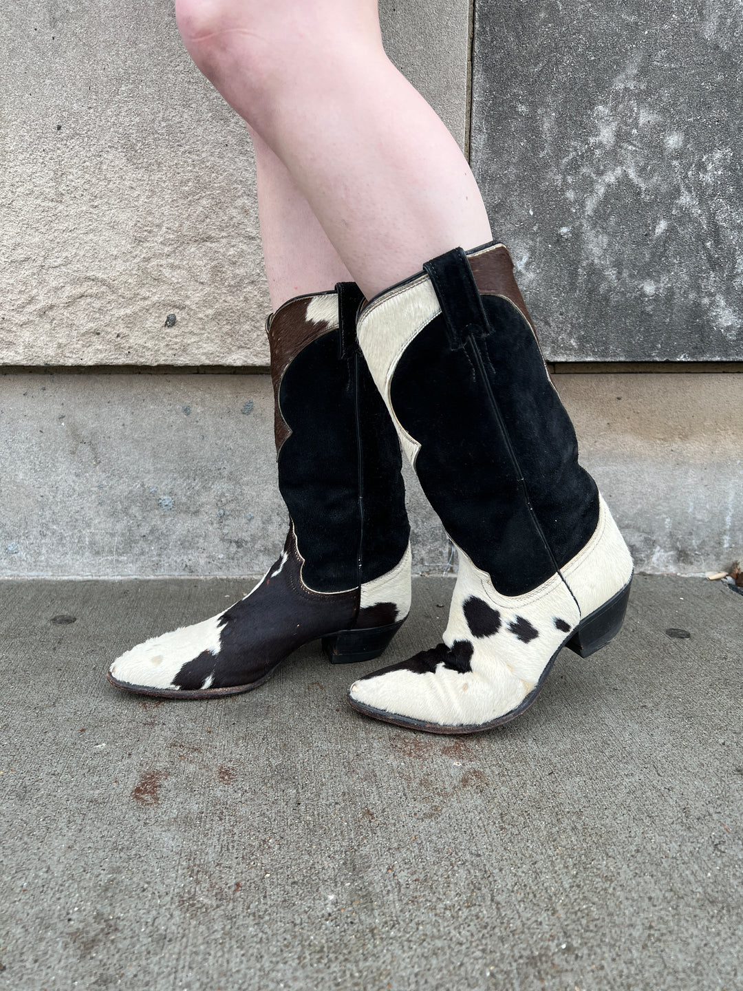 80s Brown, Black White Cowhide Cowgirl Boots, Justin