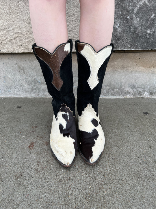 80s Brown, Black White Cowhide Cowgirl Boots, Justin