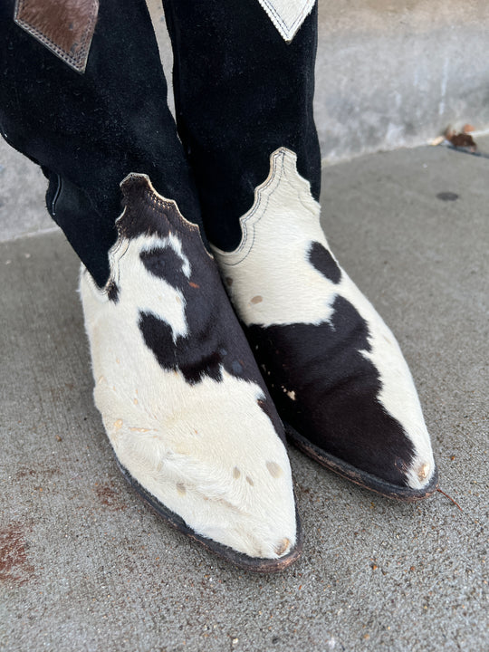 80s Brown, Black White Cowhide Cowgirl Boots, Justin Size 6.5B