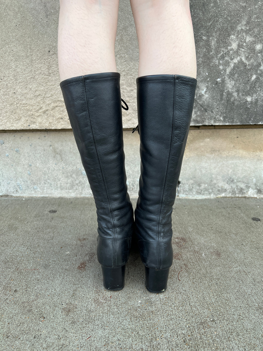 70s Black Leather Lace Up Knee High Boots