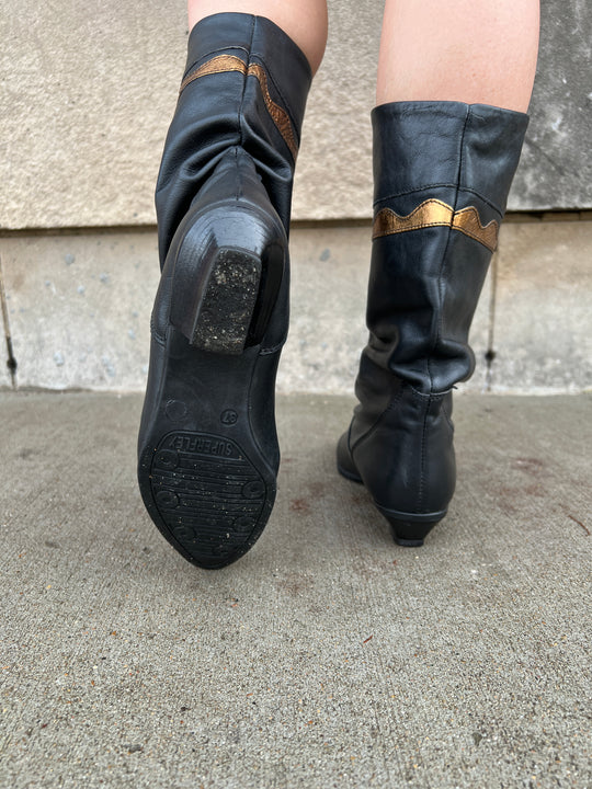 80s Black Leather Boot, Gold Trim, Yessica