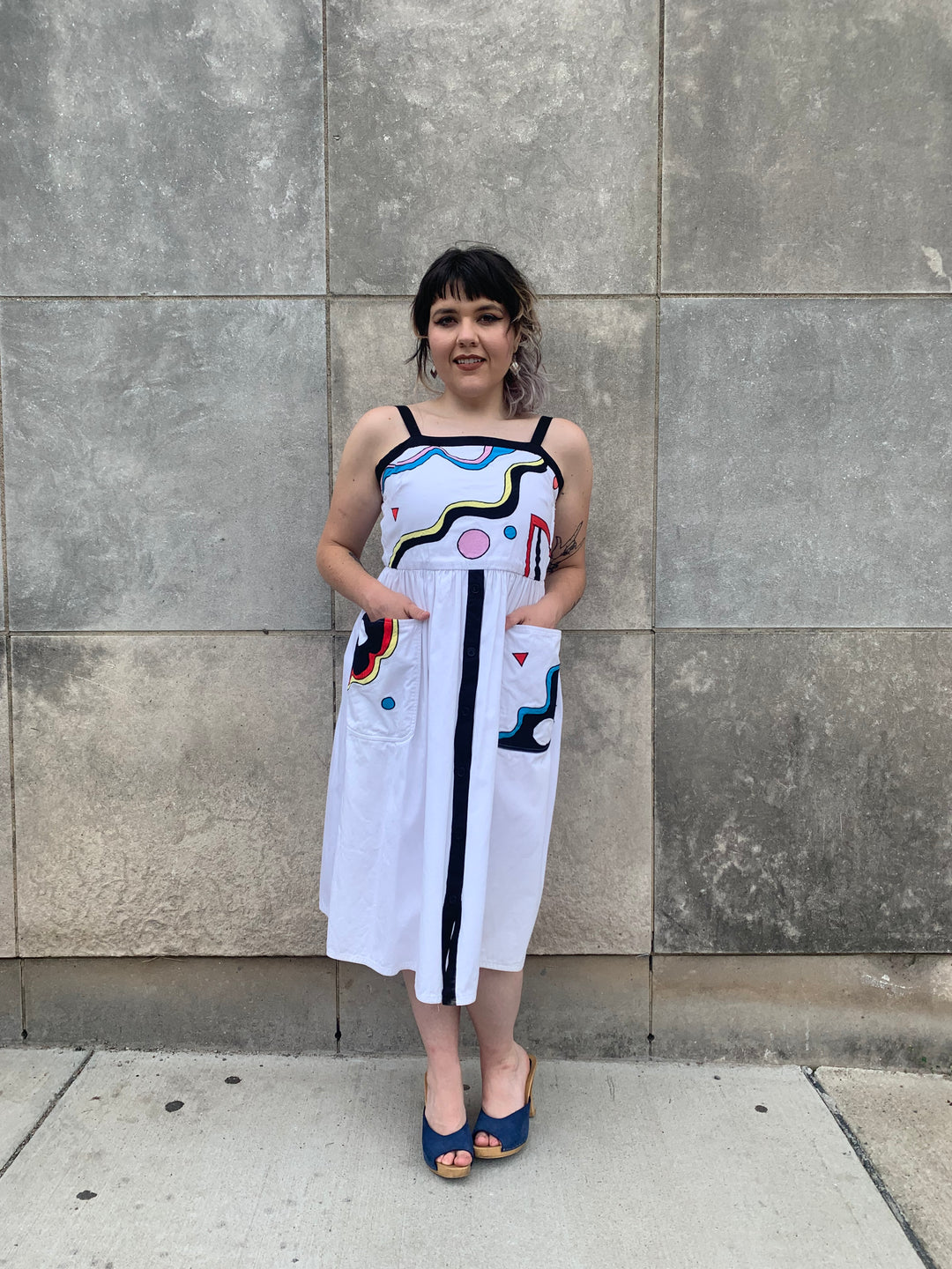 80s White Sundress, Abstract Appliqué