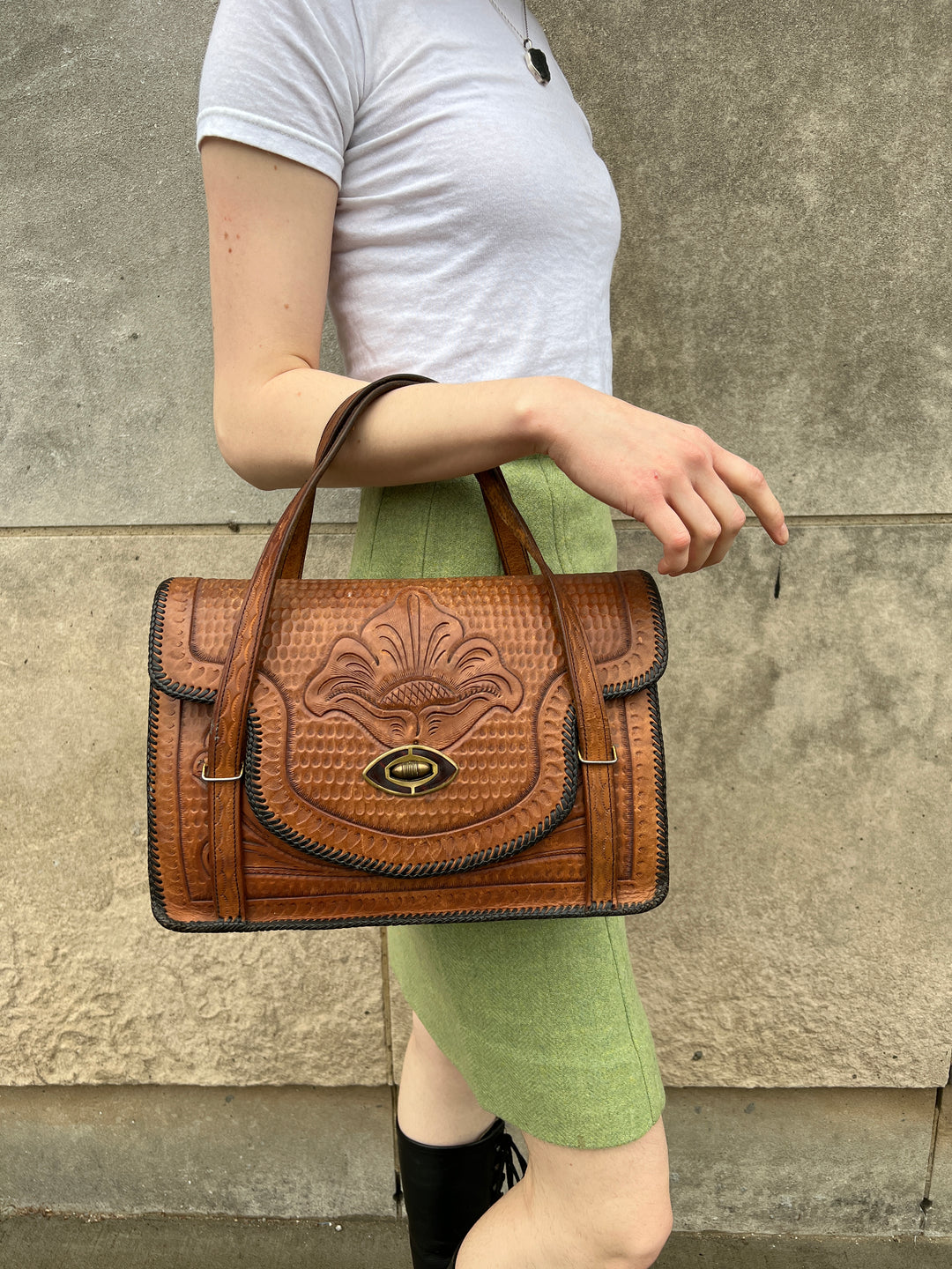 50s Brown Tooled Leather Purse, Flap and Twist Lock