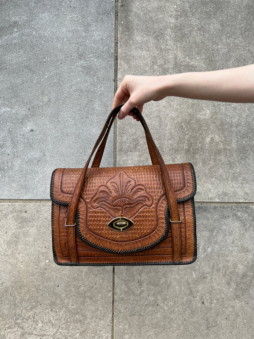 50s Brown Tooled Leather Purse, Flap and Twist Lock