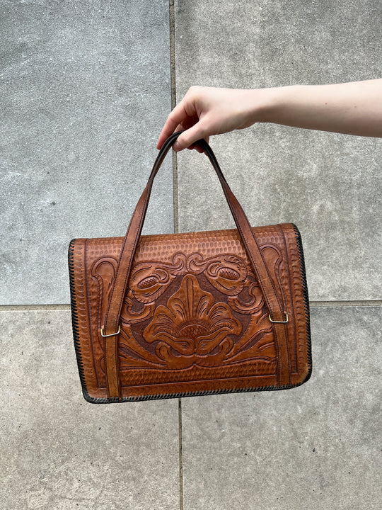 50s Brown Tooled Leather Purse, Flap and Twist Lock