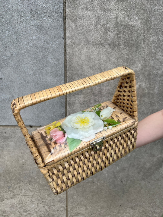 50s Wicker Box Purse, Faux Flowers, Simon