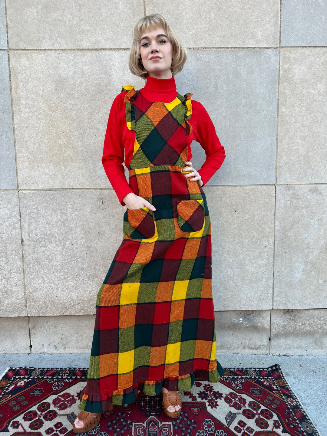 70s Red Plaid Wool Maxi Dress