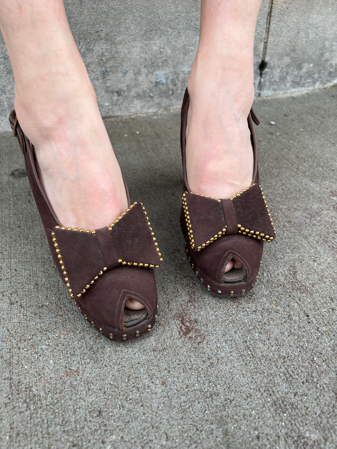 40s Brown Suede Peep Toe Sling Back Shoes,  Bows on Toes, Valcraft Shoes