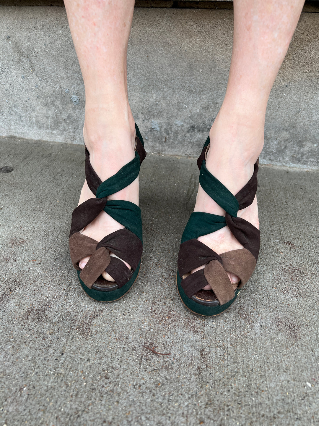 40s Brown Green Suede + Leather Platform Shoes