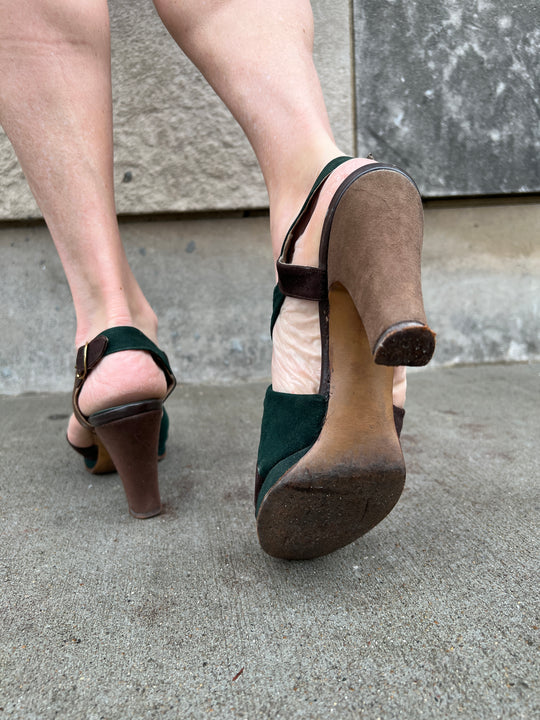 40s Brown Green Suede + Leather Platform Shoes