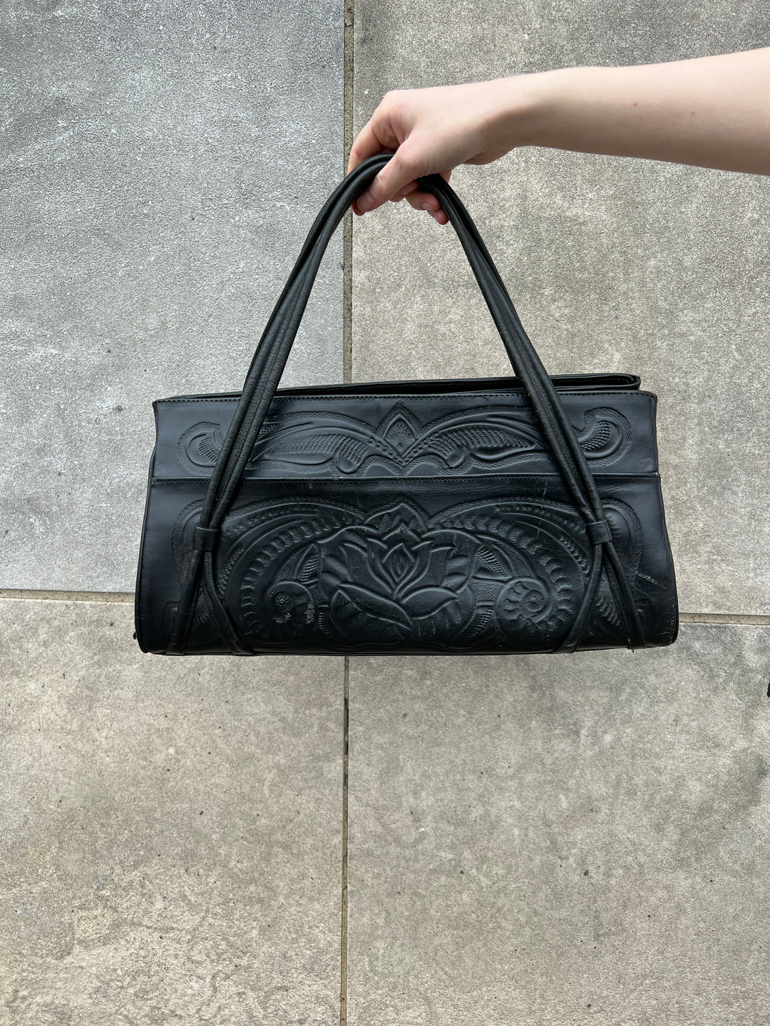 60s Vintage Black Tooled Leather Purse