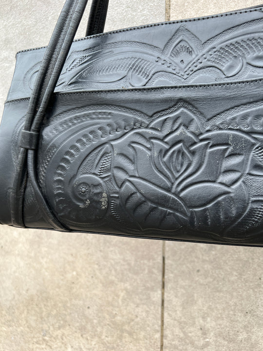 60s Vintage Black Tooled Leather Purse