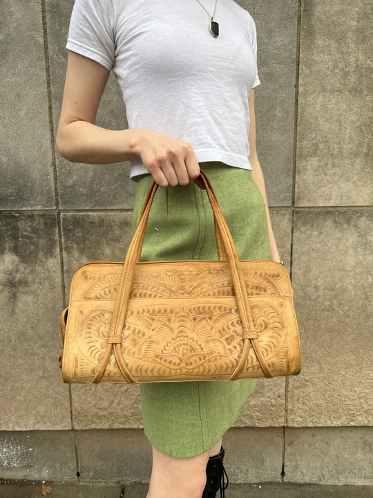 50s Light Brown Tooled Leather Purse