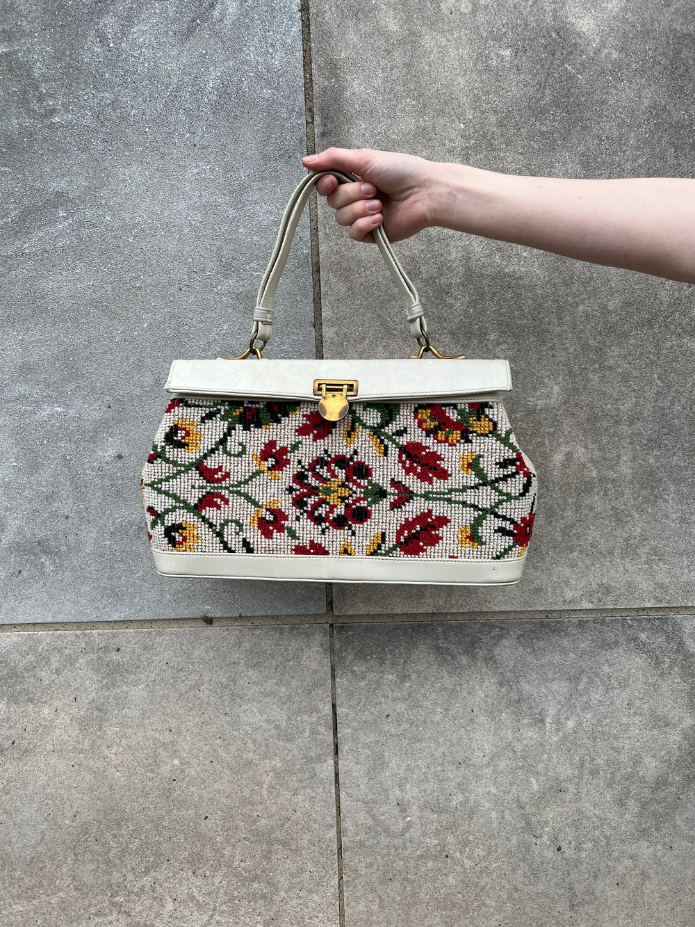 70s Floral Tapestry Purse, Ivory Leather Trim