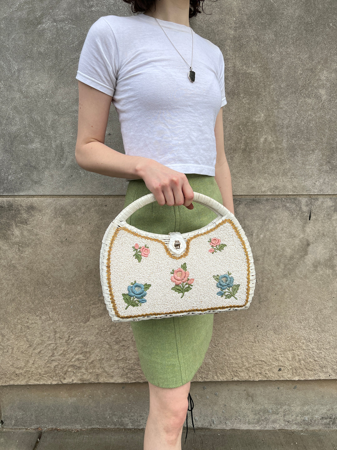 60s White Plastic Woven Basket Purse, Floral Beading