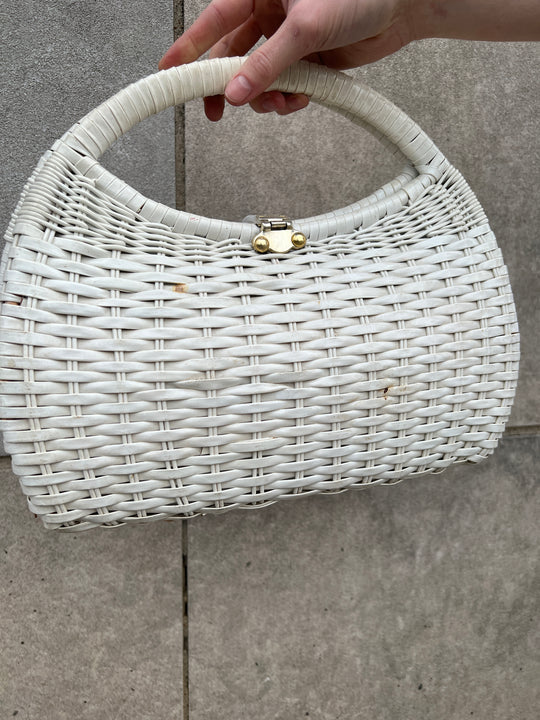 60s White Plastic Woven Basket Purse, Floral Beading