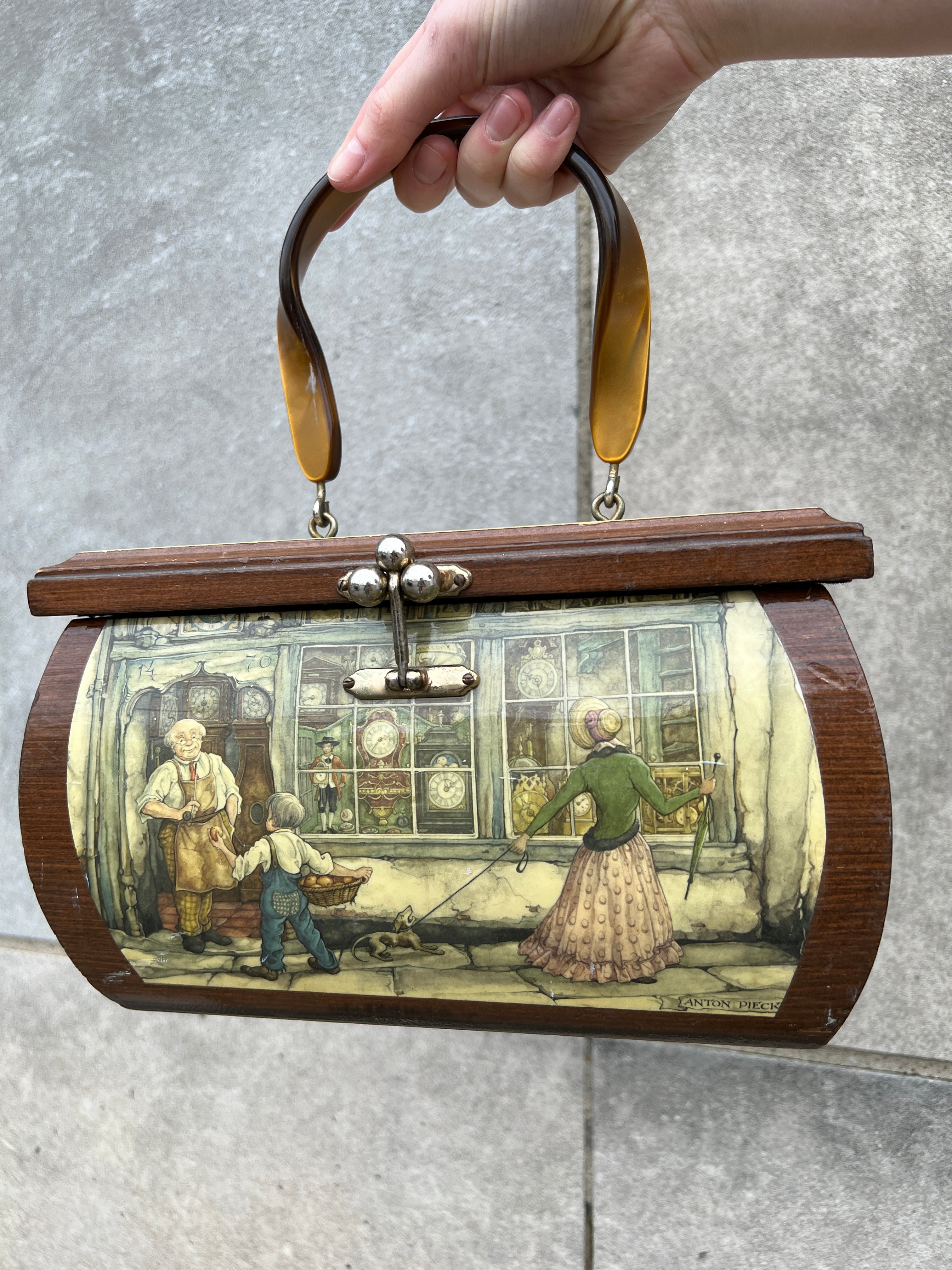 Vintage Dutch Scene newest Wood Bag With Handle